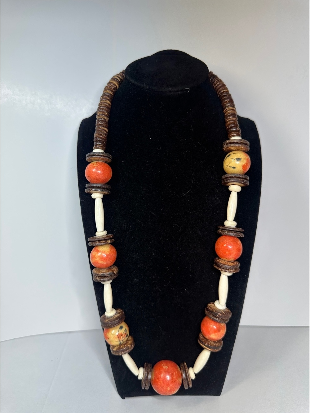 VTG Bohemian Chunky Statement Necklace Wooden Ceramic Beads Tribal